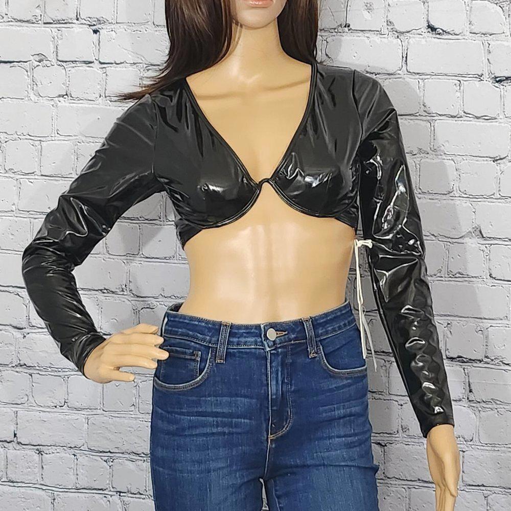 *Good American Black Vinyl Underwire Open Back Crop Top Size 0 NWT